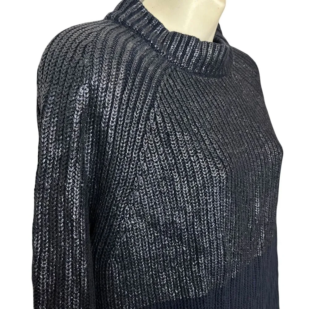 Chicos Womens Cotton Blend Navy Metallic Long Sleeve Chunky Knit Sweater 2 L